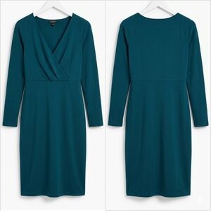 Talbots Deep Teal Blue V-Neck Faux Wrap Sheath Dress Size Small Long Sleeve